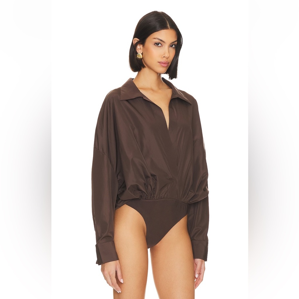 Norma Kamali Deep V Balloon Sleeve Blouse in Chocolate Brown - Picture 7 of 15